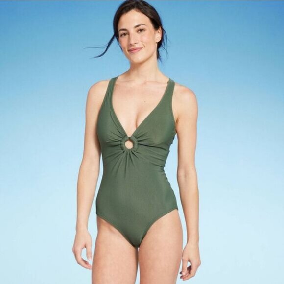 Ribbed Plunge Ring Detail One Piece Swimsuit - Shade & Shore Dark Green M - Picture 1 of 4